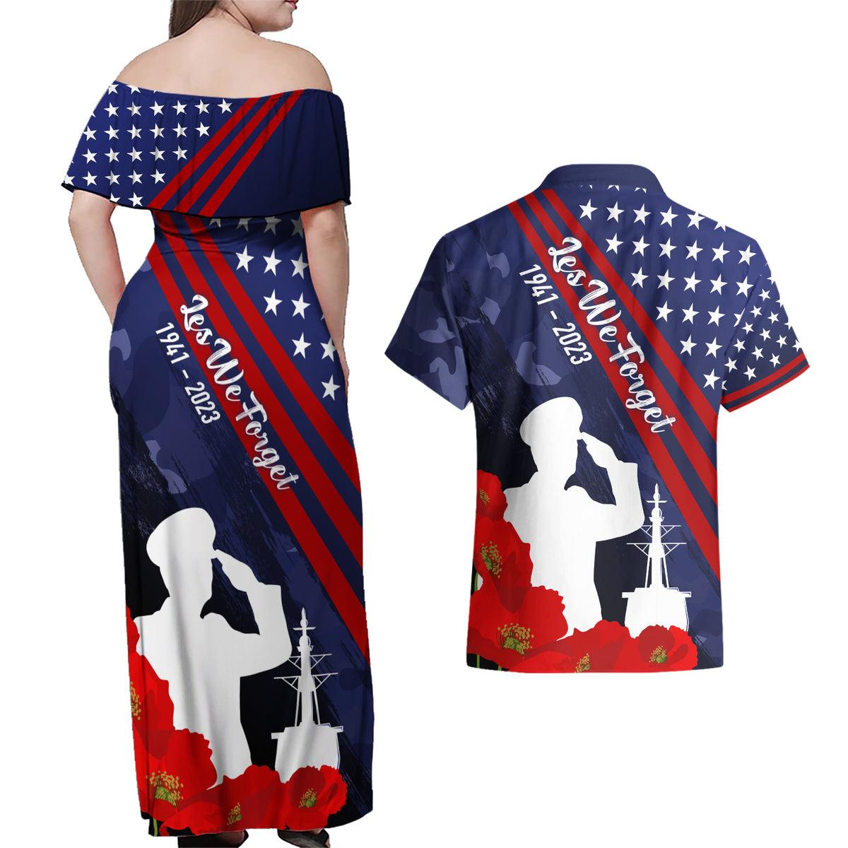 Pearl Harbor Remembrance Day Couples Matching Off Shoulder Maxi Dress and Hawaiian Shirt Poppy Mix Style LT7 - Polynesian Pride