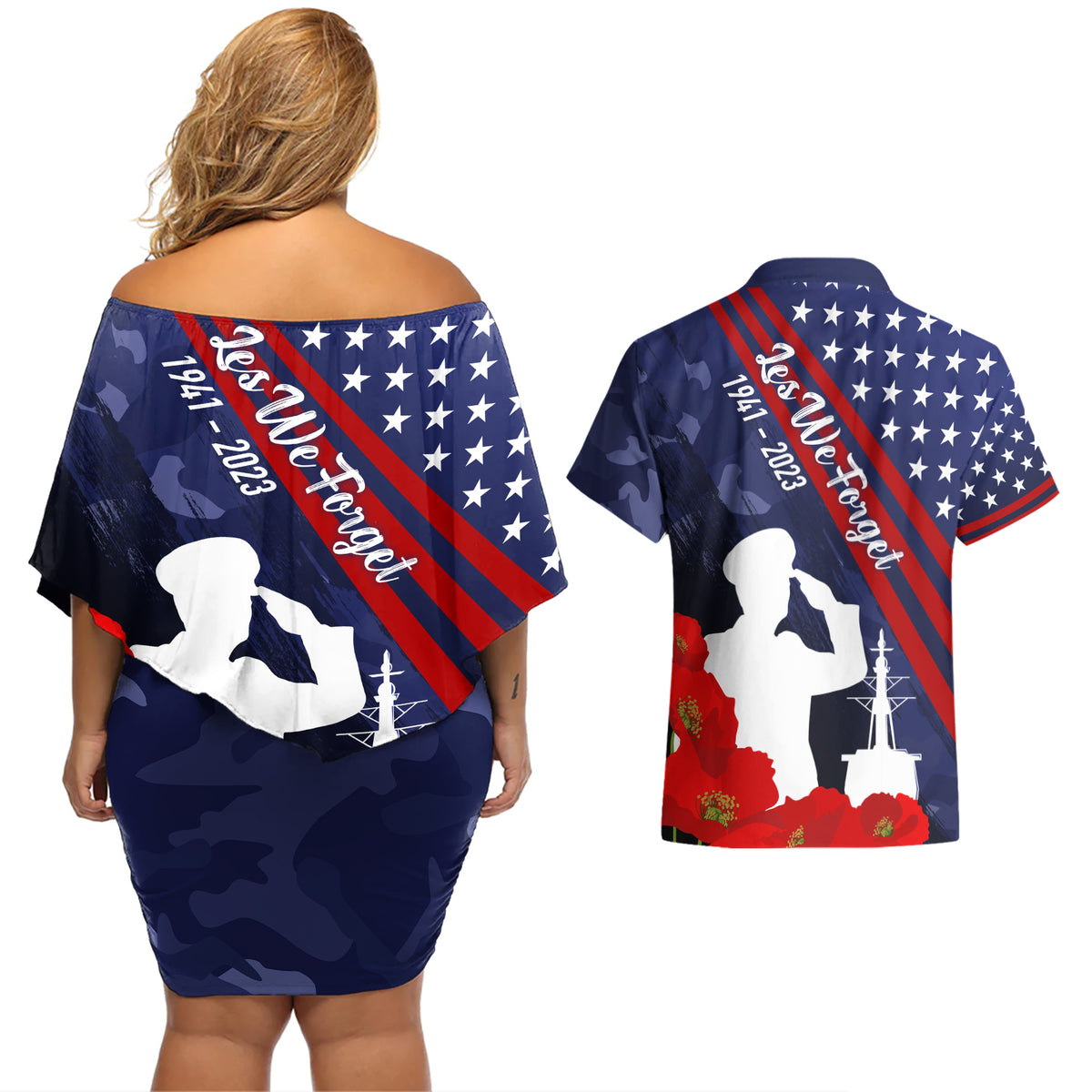 Pearl Harbor Remembrance Day Couples Matching Off Shoulder Short Dress and Hawaiian Shirt Poppy Mix Style LT7 - Polynesian Pride