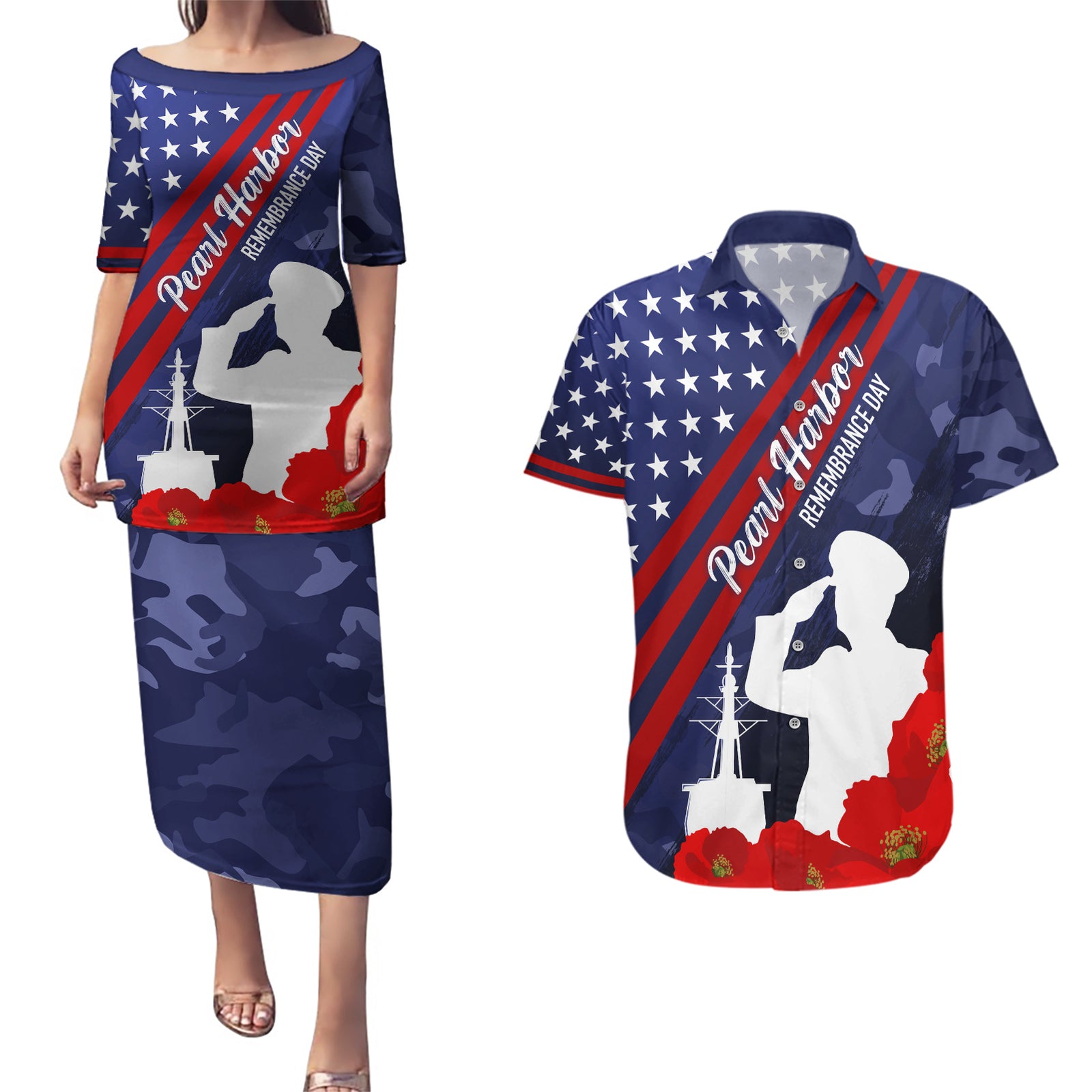 Pearl Harbor Remembrance Day Couples Matching Puletasi Dress and Hawaiian Shirt Poppy Mix Style LT7 Navy Blue - Polynesian Pride