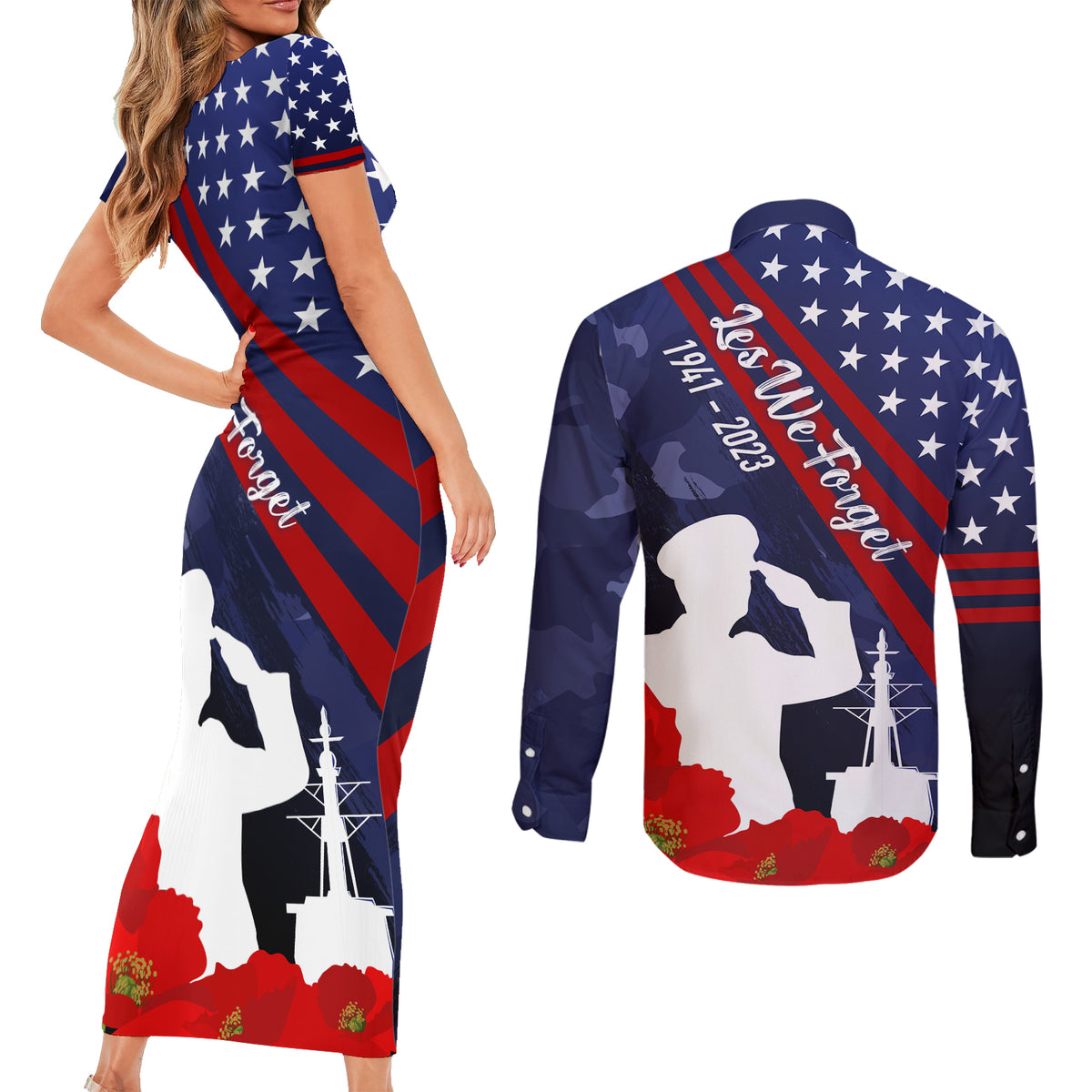 Pearl Harbor Remembrance Day Couples Matching Short Sleeve Bodycon Dress and Long Sleeve Button Shirt Poppy Mix Style LT7 - Polynesian Pride