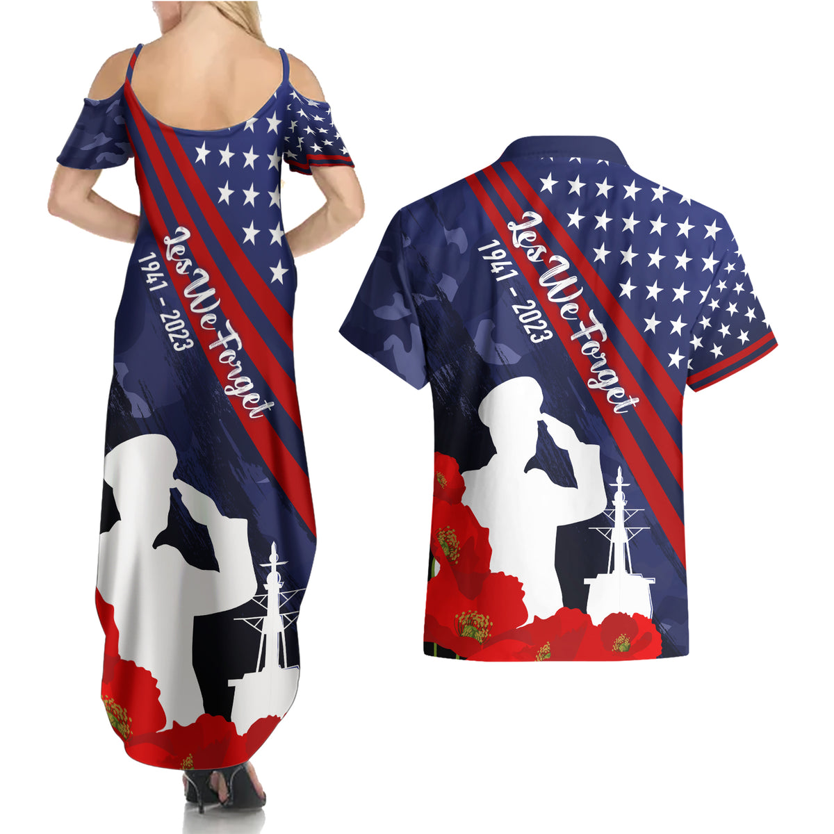 Pearl Harbor Remembrance Day Couples Matching Summer Maxi Dress and Hawaiian Shirt Poppy Mix Style LT7 - Polynesian Pride