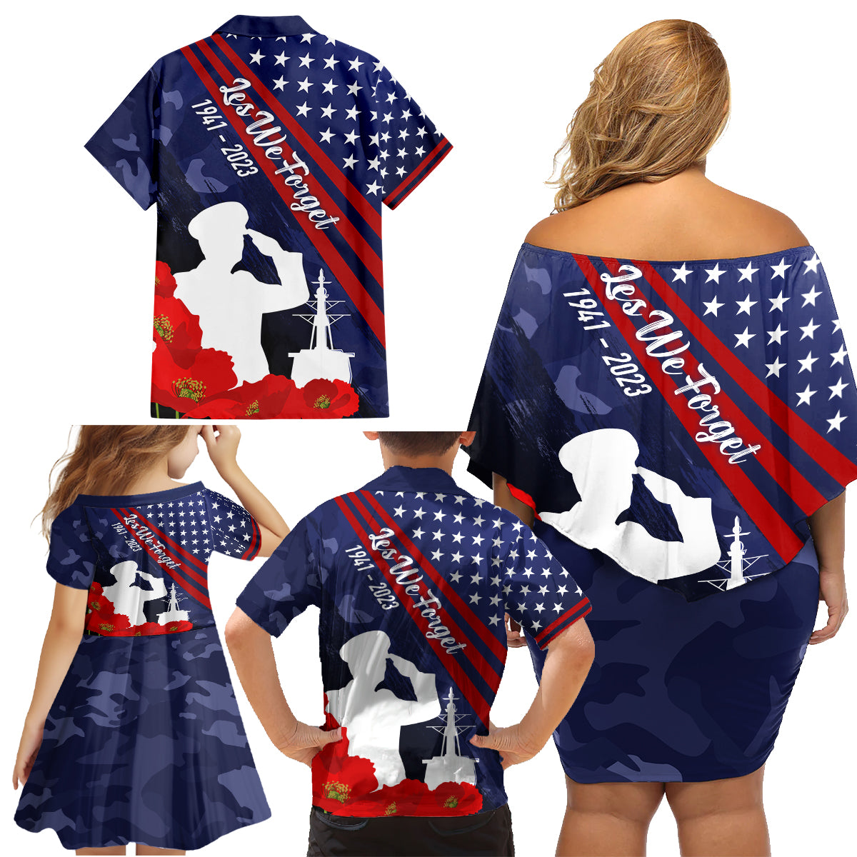 Pearl Harbor Remembrance Day Family Matching Off Shoulder Short Dress and Hawaiian Shirt Poppy Mix Style LT7 - Polynesian Pride