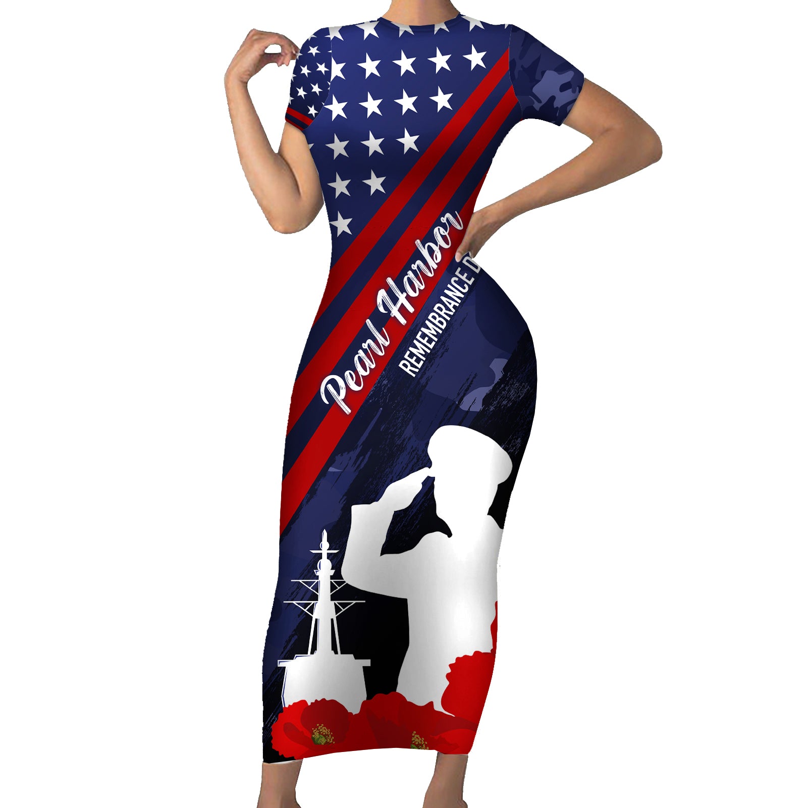 Pearl Harbor Remembrance Day Short Sleeve Bodycon Dress Poppy Mix Style LT7 Long Dress Navy Blue - Polynesian Pride