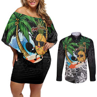 Tropical Christmas Polynesian Couples Matching Off Shoulder Short Dress and Long Sleeve Button Shirt Funny Surfing Pineapple LT7 Black - Polynesian Pride
