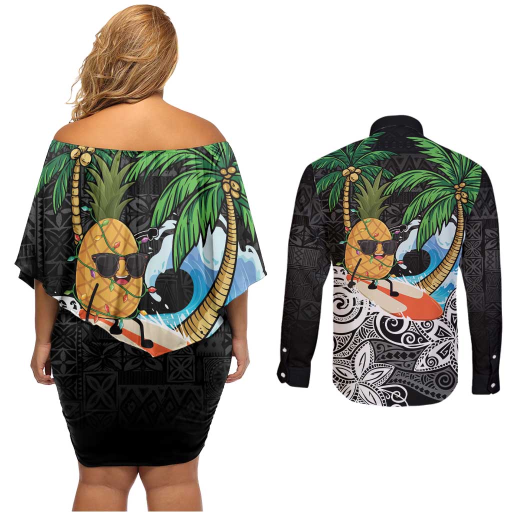 Tropical Christmas Polynesian Couples Matching Off Shoulder Short Dress and Long Sleeve Button Shirt Funny Surfing Pineapple LT7 - Polynesian Pride