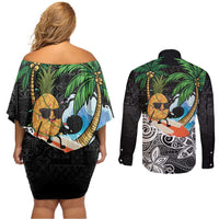 Tropical Christmas Polynesian Couples Matching Off Shoulder Short Dress and Long Sleeve Button Shirt Funny Surfing Pineapple LT7 - Polynesian Pride