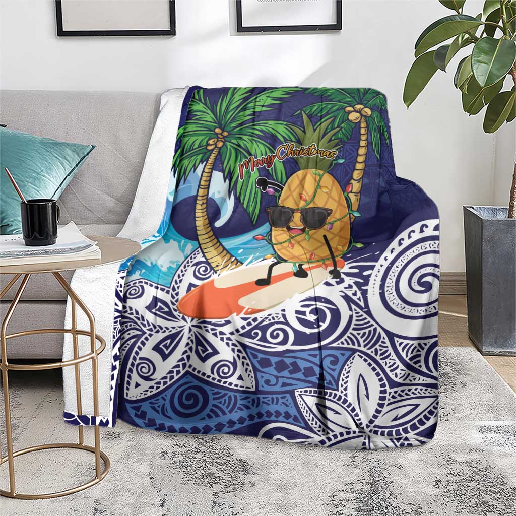 Tropical Christmas Polynesian Blanket Funny Surfing Pineapple Blue