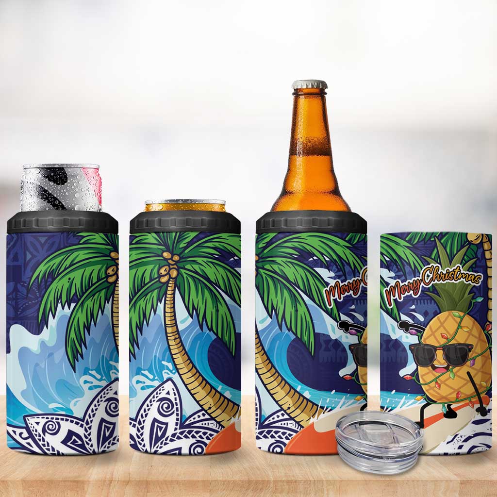 Tropical Christmas Polynesian 4 in 1 Can Cooler Tumbler Funny Surfing Pineapple Blue