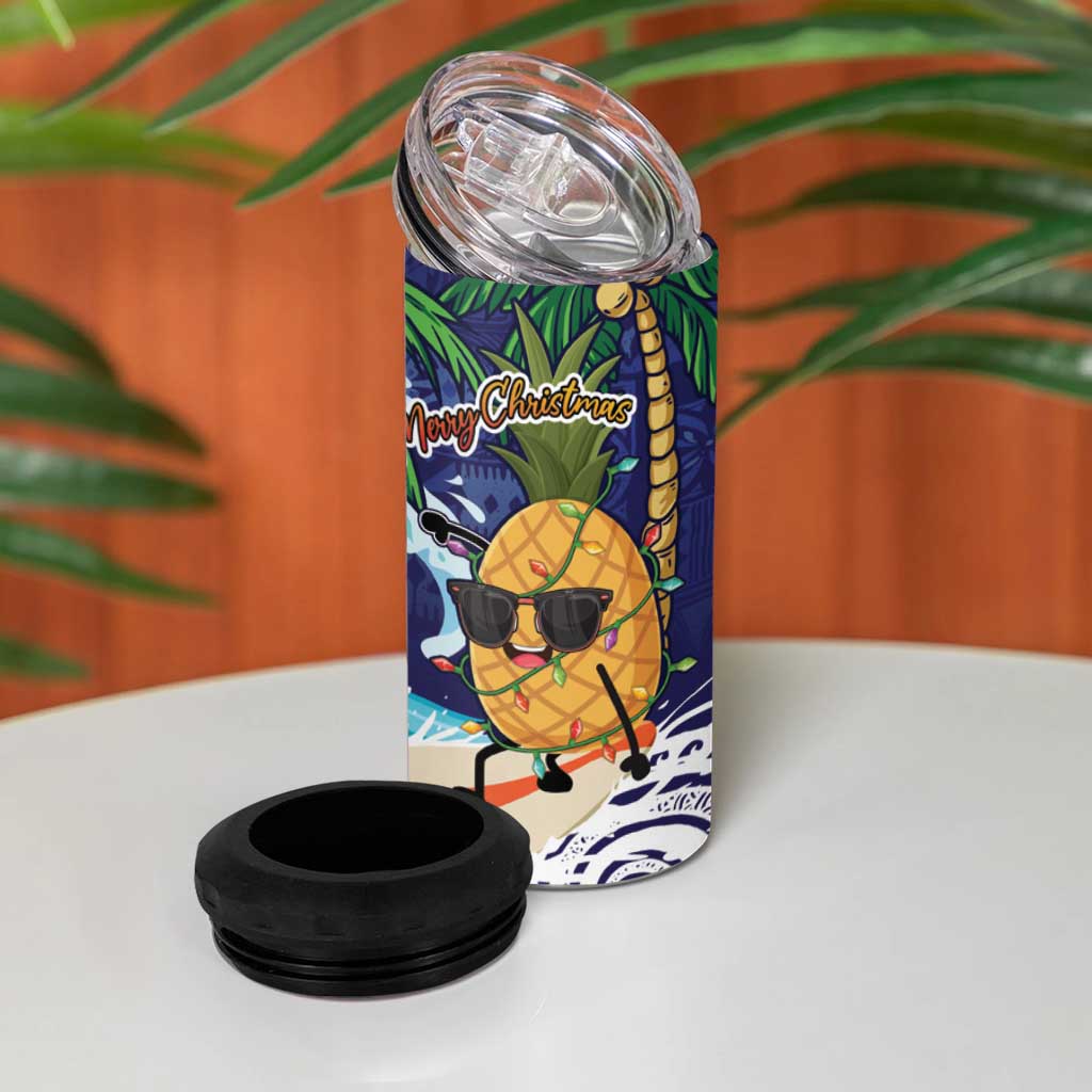 Tropical Christmas Polynesian 4 in 1 Can Cooler Tumbler Funny Surfing Pineapple Blue