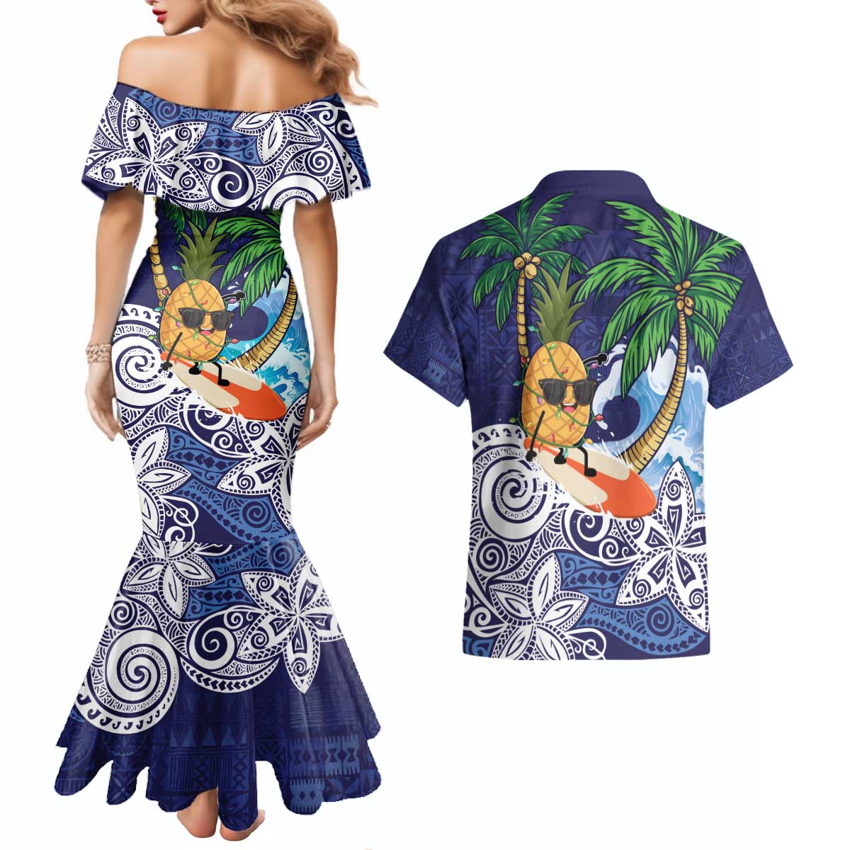 Tropical Christmas Polynesian Couples Matching Mermaid Dress and Hawaiian Shirt Funny Surfing Pineapple Blue