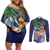 Tropical Christmas Polynesian Couples Matching Off Shoulder Short Dress and Long Sleeve Button Shirt Funny Surfing Pineapple Blue LT7 Blue - Polynesian Pride