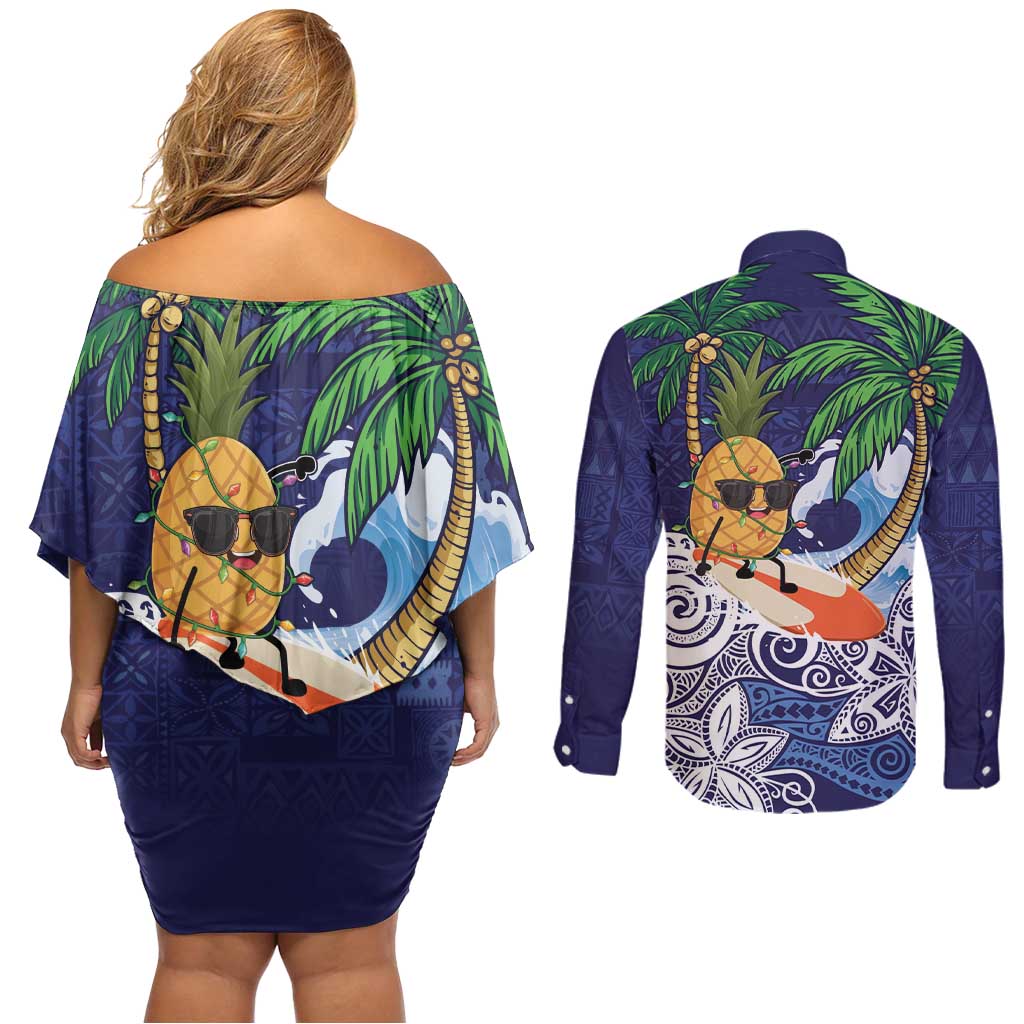 Tropical Christmas Polynesian Couples Matching Off Shoulder Short Dress and Long Sleeve Button Shirt Funny Surfing Pineapple Blue LT7 - Polynesian Pride