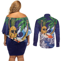 Tropical Christmas Polynesian Couples Matching Off Shoulder Short Dress and Long Sleeve Button Shirt Funny Surfing Pineapple Blue LT7 - Polynesian Pride
