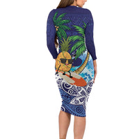 Tropical Christmas Polynesian Family Matching Long Sleeve Bodycon Dress and Hawaiian Shirt Funny Surfing Pineapple Blue