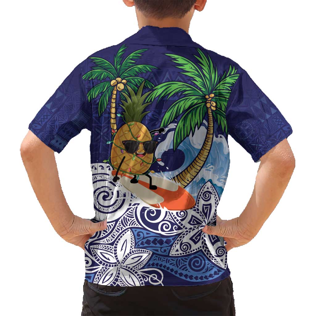 Tropical Christmas Polynesian Family Matching Puletasi and Hawaiian Shirt Funny Surfing Pineapple Blue