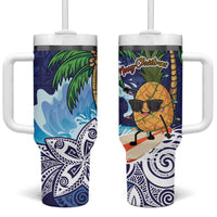 Tropical Christmas Polynesian Tumbler With Handle Funny Surfing Pineapple Blue