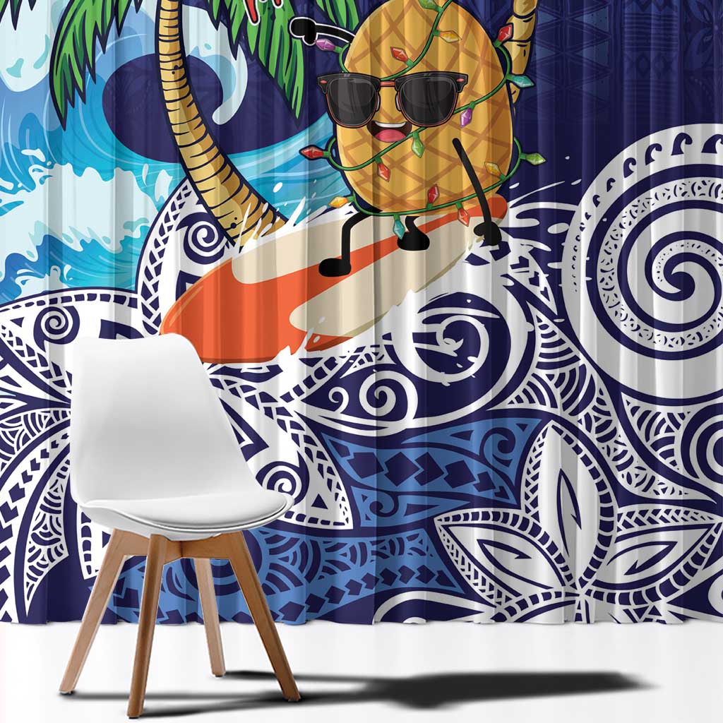 Tropical Christmas Polynesian Window Curtain Funny Surfing Pineapple Blue