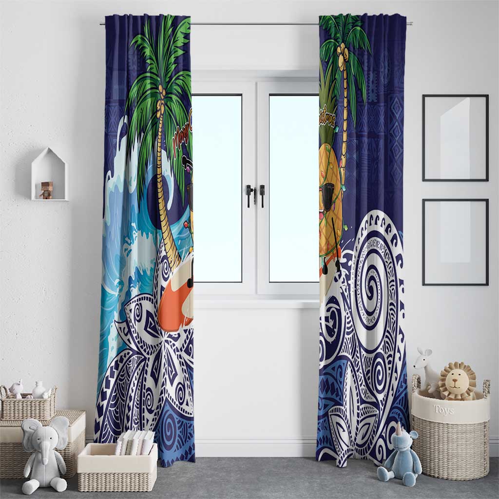 Tropical Christmas Polynesian Window Curtain Funny Surfing Pineapple Blue