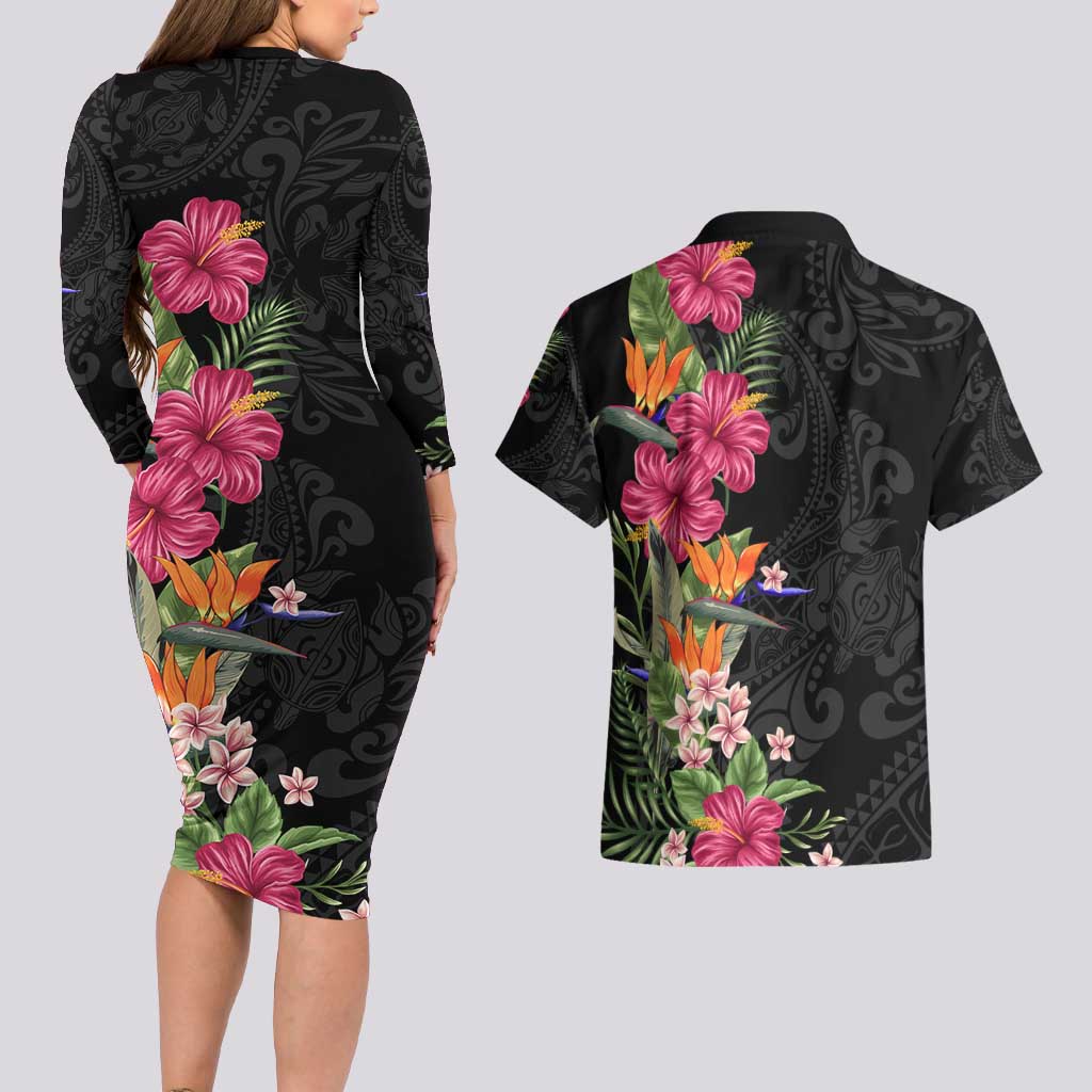 Hawaii Flowers Tribal Pattern Couple Long Sleeve Bodycon Dress and Hawaiian Shirt LT9
