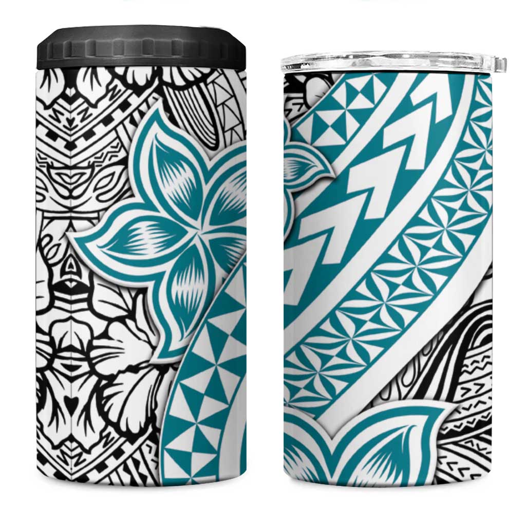 Turquoise Traditional Polynesian Tribal Tattoo Retro 4 in 1 Can Cooler Tumbler