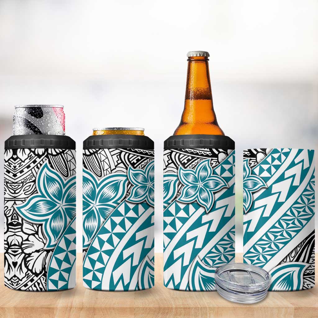 Turquoise Traditional Polynesian Tribal Tattoo Retro 4 in 1 Can Cooler Tumbler