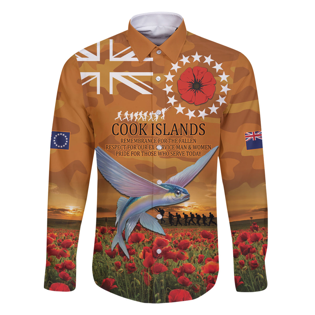 Cook Islands ANZAC Day Personalised Family Matching Off Shoulder Short Dress and Hawaiian Shirt with Poppy Field LT9 Dad's Shirt - Long Sleeve Art - Polynesian Pride