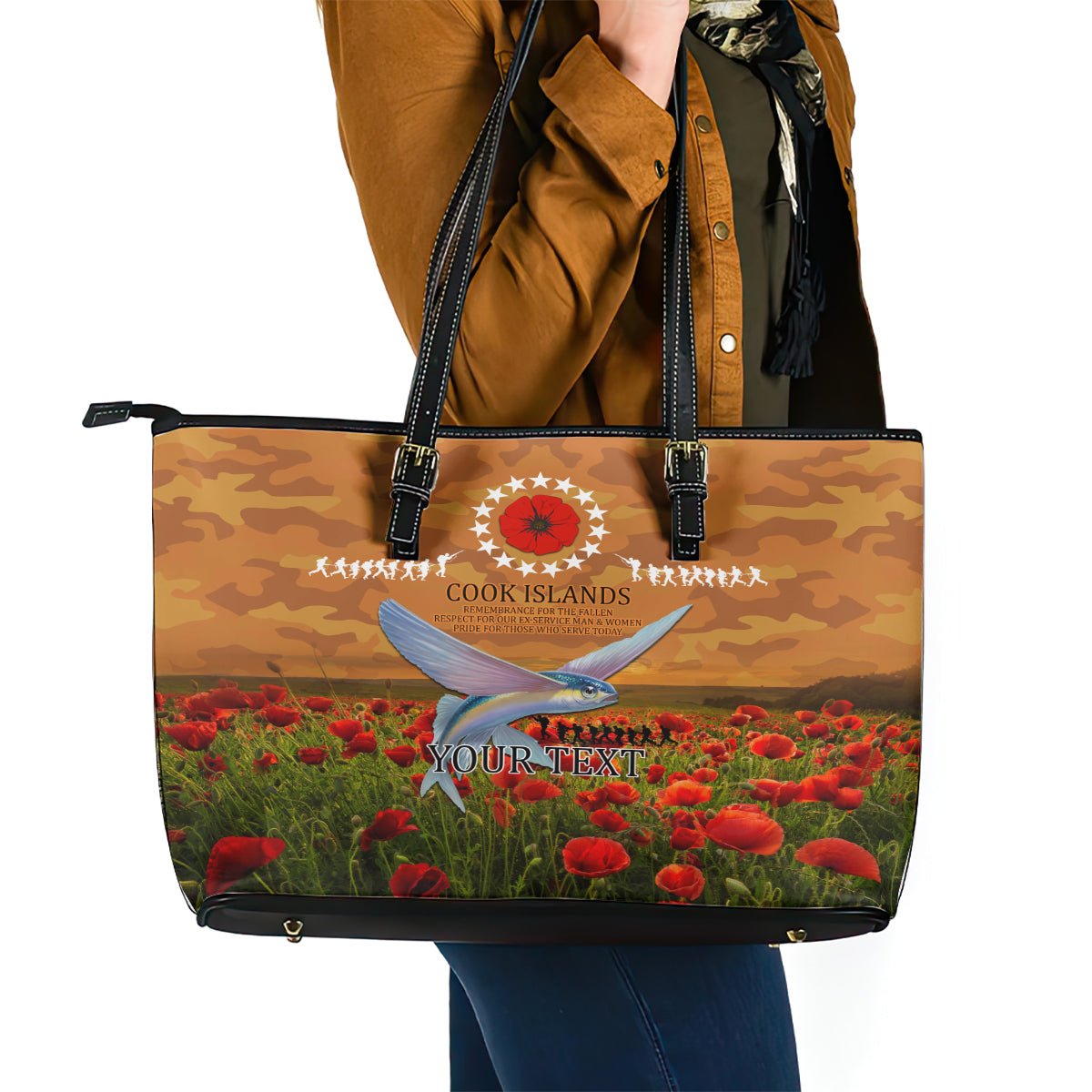 Cook Islands ANZAC Day Personalised Leather Tote Bag with Poppy Field LT9 - Polynesian Pride