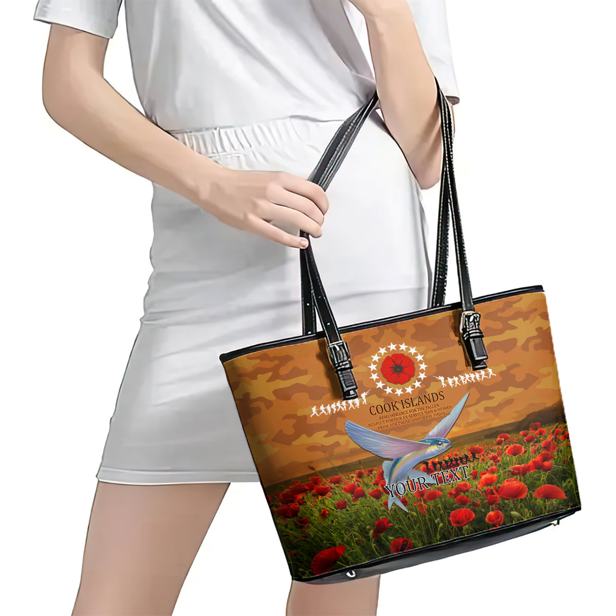 Cook Islands ANZAC Day Personalised Leather Tote Bag with Poppy Field LT9 - Polynesian Pride