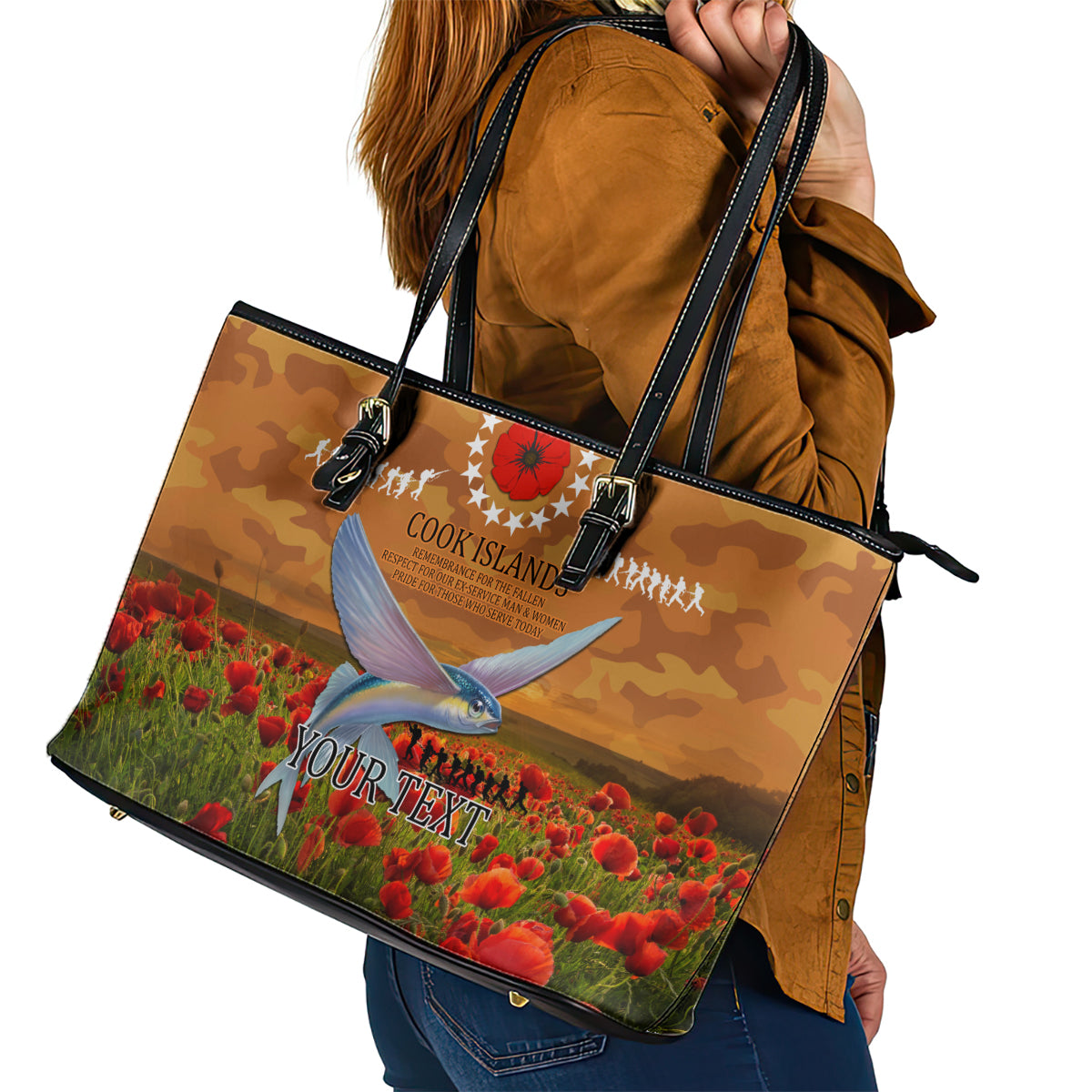 Cook Islands ANZAC Day Personalised Leather Tote Bag with Poppy Field LT9 - Polynesian Pride