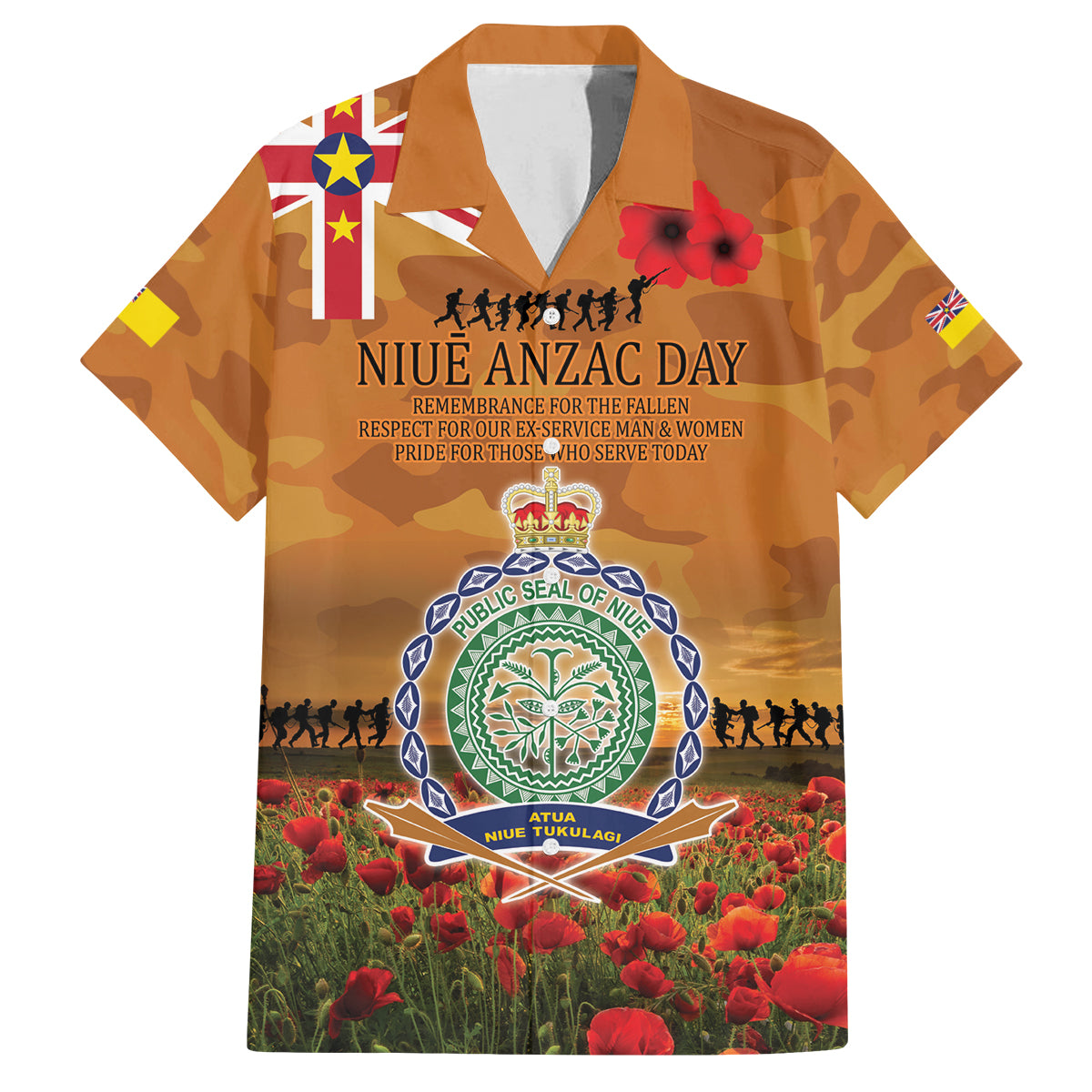 Niue ANZAC Day Personalised Family Matching Off Shoulder Maxi Dress and Hawaiian Shirt with Poppy Field LT9 Dad's Shirt - Short Sleeve Art - Polynesian Pride