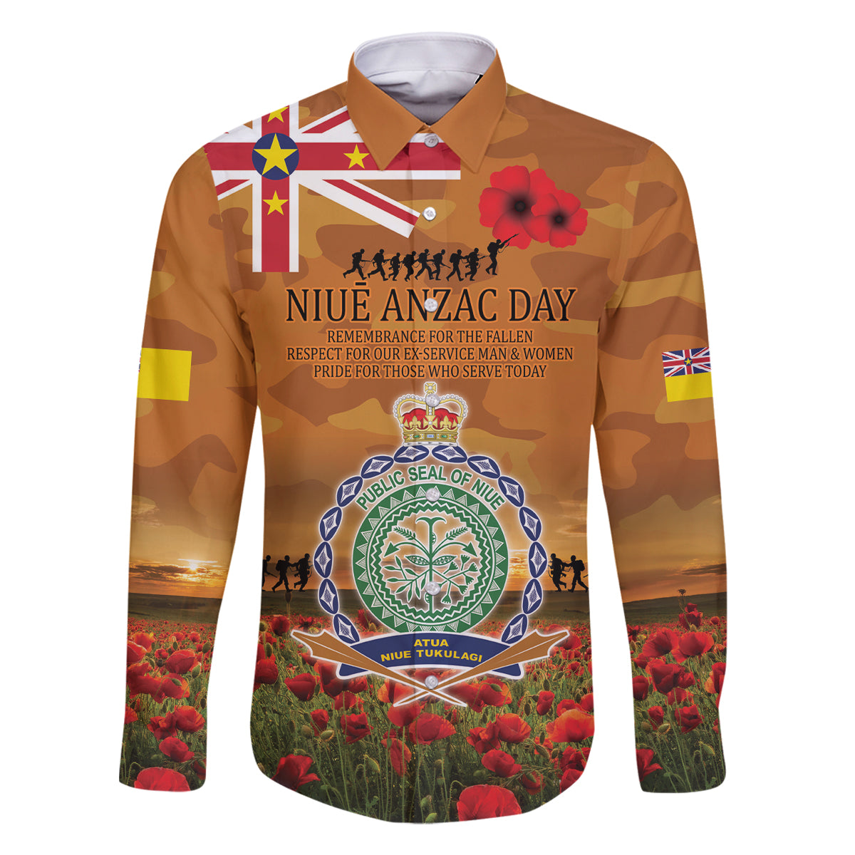 Niue ANZAC Day Personalised Family Matching Off Shoulder Short Dress and Hawaiian Shirt with Poppy Field LT9 Dad's Shirt - Long Sleeve Art - Polynesian Pride