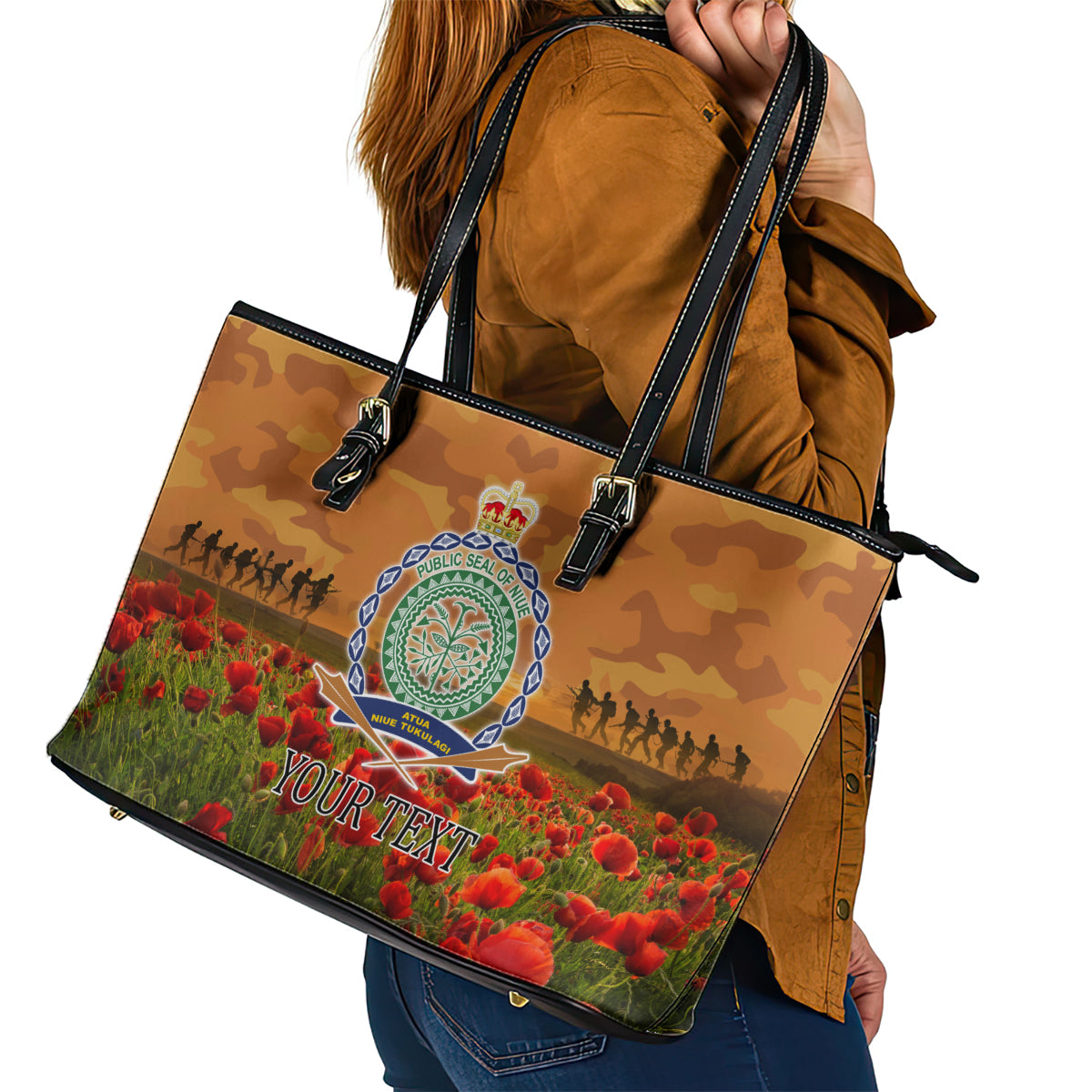 Niue ANZAC Day Personalised Leather Tote Bag with Poppy Field LT9 - Polynesian Pride