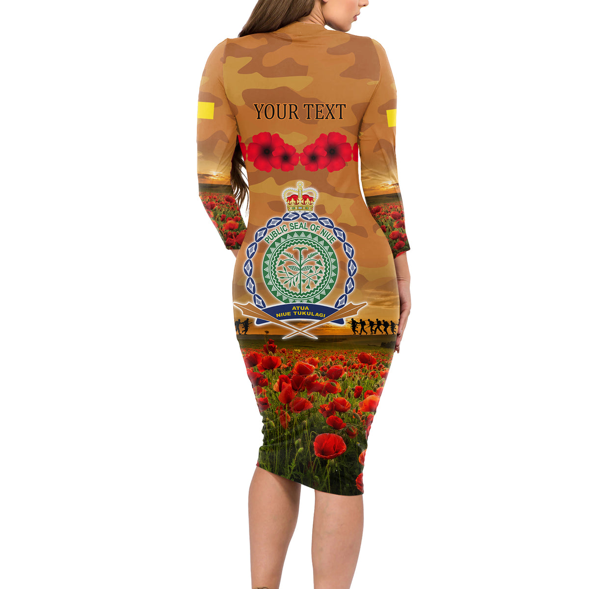 Niue ANZAC Day Personalised Long Sleeve Bodycon Dress with Poppy Field LT9 - Polynesian Pride