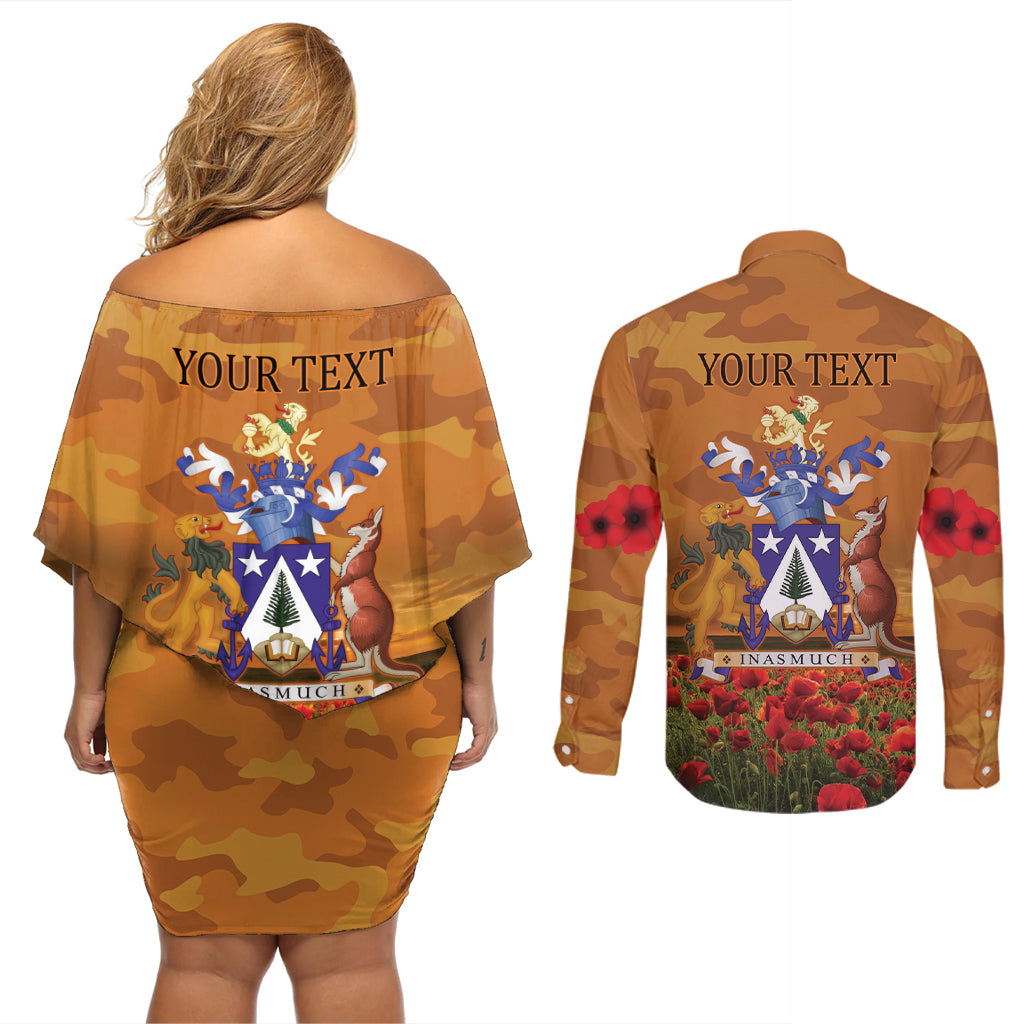 Norfolk Island ANZAC Day Personalised Couples Matching Off Shoulder Short Dress and Long Sleeve Button Shirt with Poppy Field LT9 - Polynesian Pride