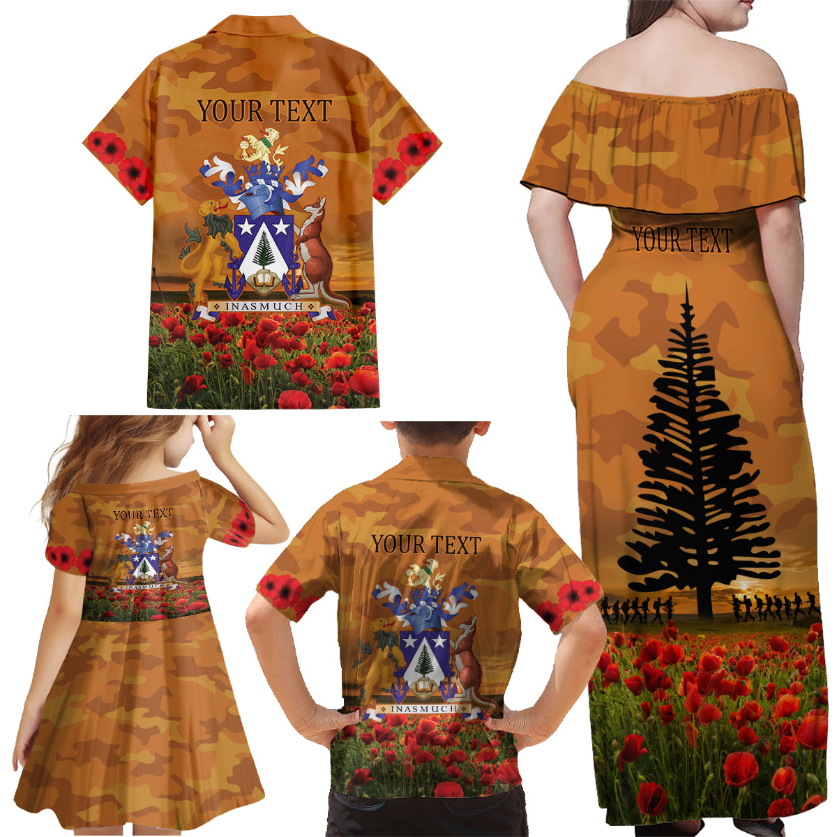 Norfolk Island ANZAC Day Personalised Family Matching Off Shoulder Maxi Dress and Hawaiian Shirt with Poppy Field LT9 - Polynesian Pride