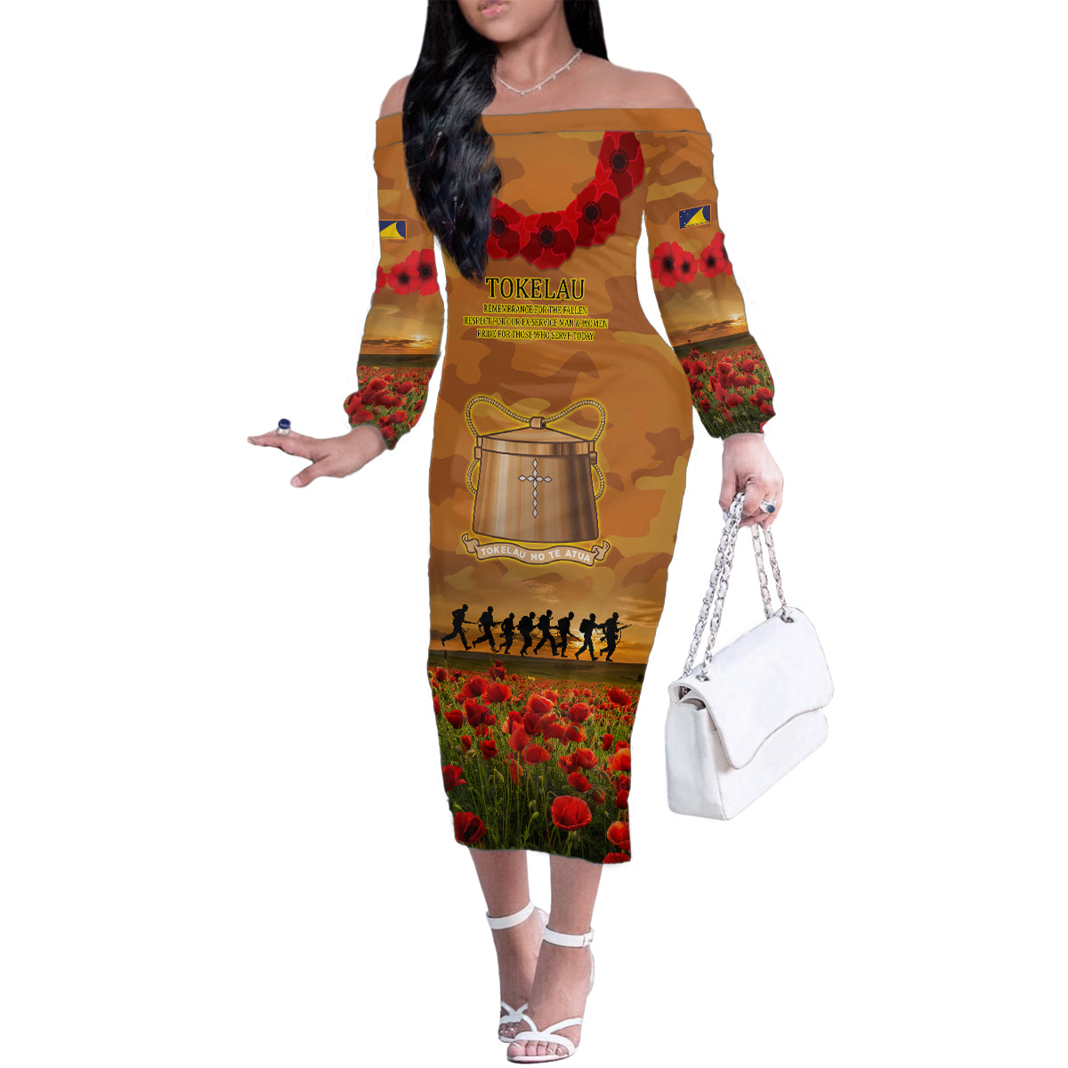 Tokelau ANZAC Day Personalised Family Matching Off Shoulder Long Sleeve Dress and Hawaiian Shirt with Poppy Field LT9 Mom's Dress Art - Polynesian Pride