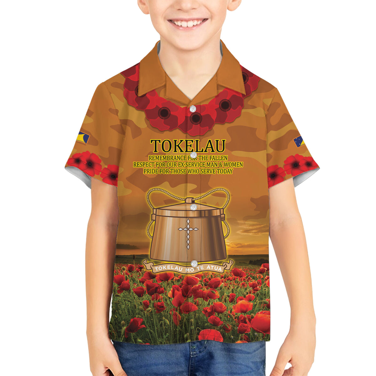 Tokelau ANZAC Day Personalised Family Matching Off Shoulder Long Sleeve Dress and Hawaiian Shirt with Poppy Field LT9 Son's Shirt Art - Polynesian Pride