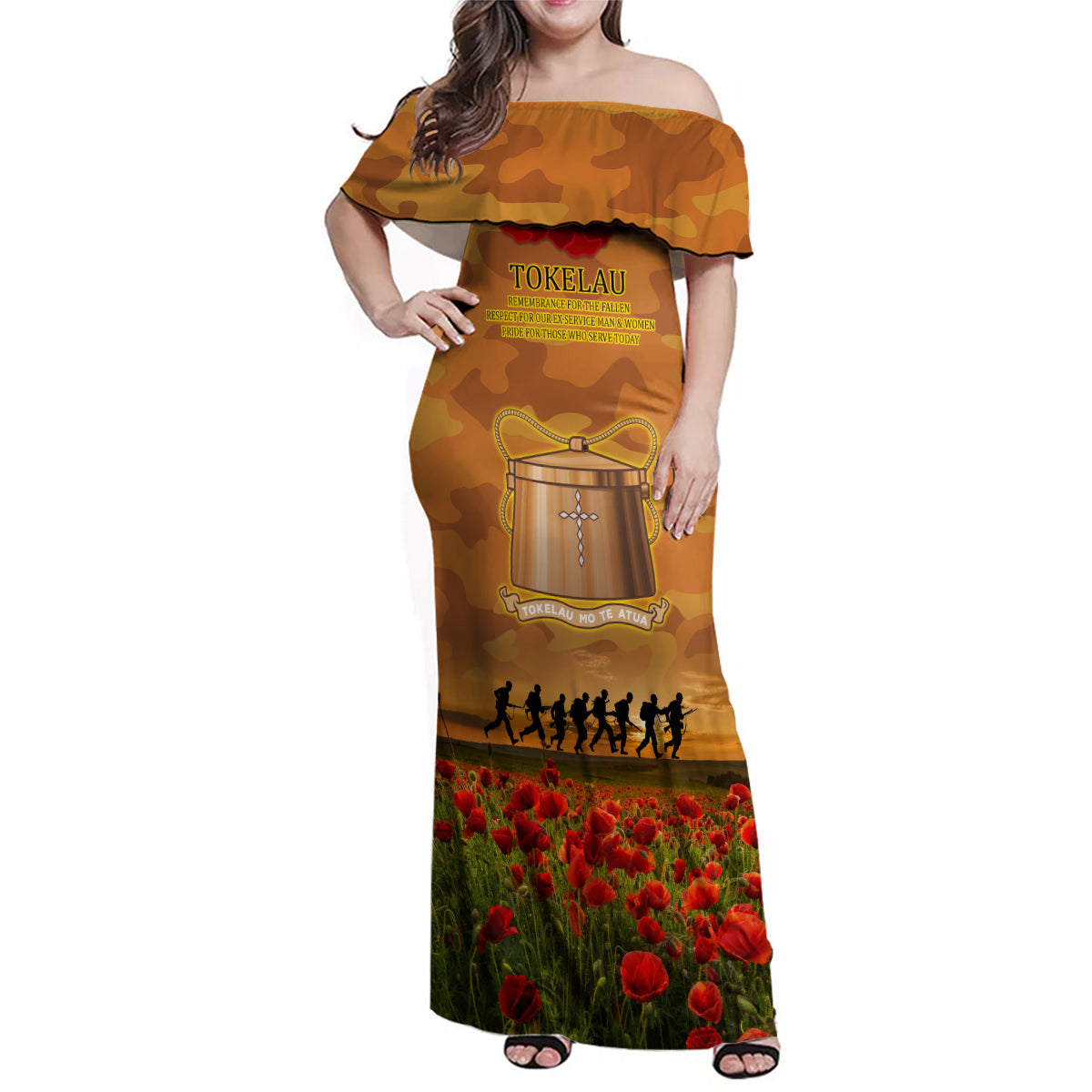 Tokelau ANZAC Day Personalised Family Matching Off Shoulder Maxi Dress and Hawaiian Shirt with Poppy Field LT9 Mom's Dress Art - Polynesian Pride