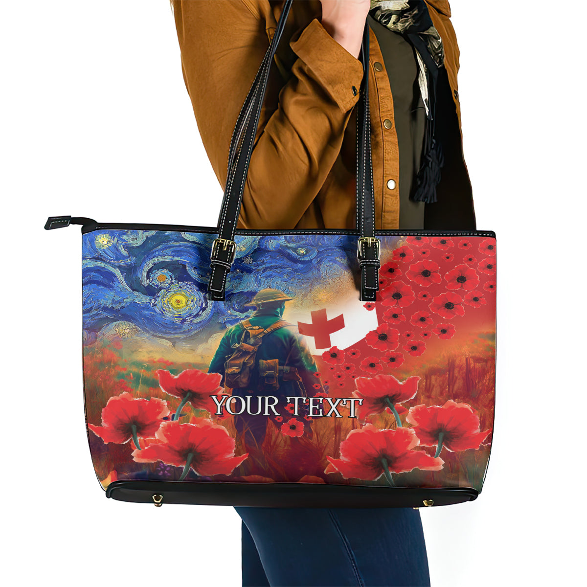 Tonga ANZAC Day Personalised Leather Tote Bag Soldier Te Tau Manatui Kinautolu with Poppy Field LT9 - Polynesian Pride