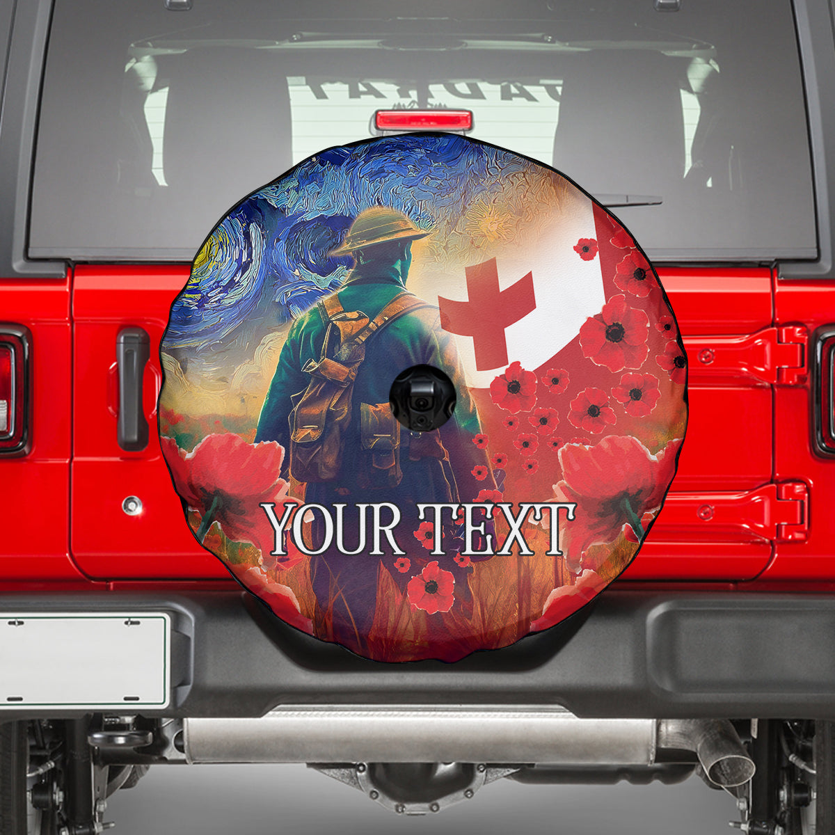 Tonga ANZAC Day Personalised Spare Tire Cover Soldier Te Tau Manatui Kinautolu with Poppy Field LT9 - Polynesian Pride