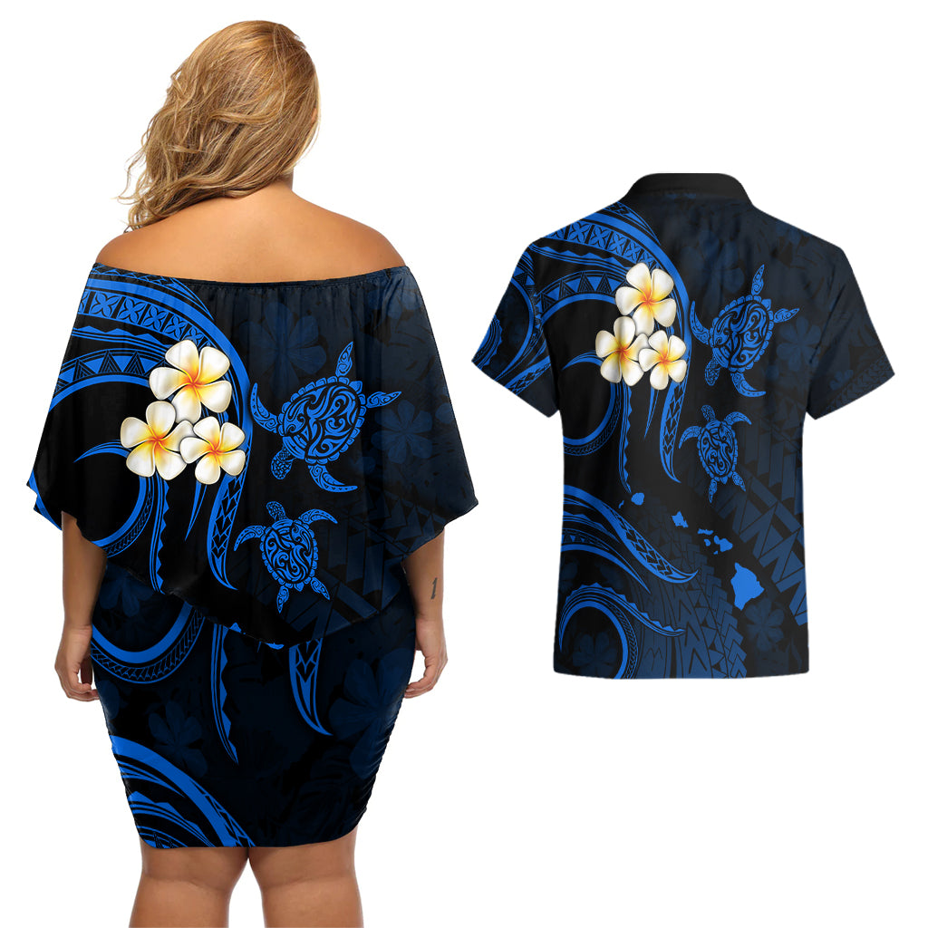 Hawaii Couples Off Shoulder Short Dress and Hawaiian Shirt Niihau Islands Polynesian Sunset Plumeria Blue Vibe LT9 - Polynesian Pride