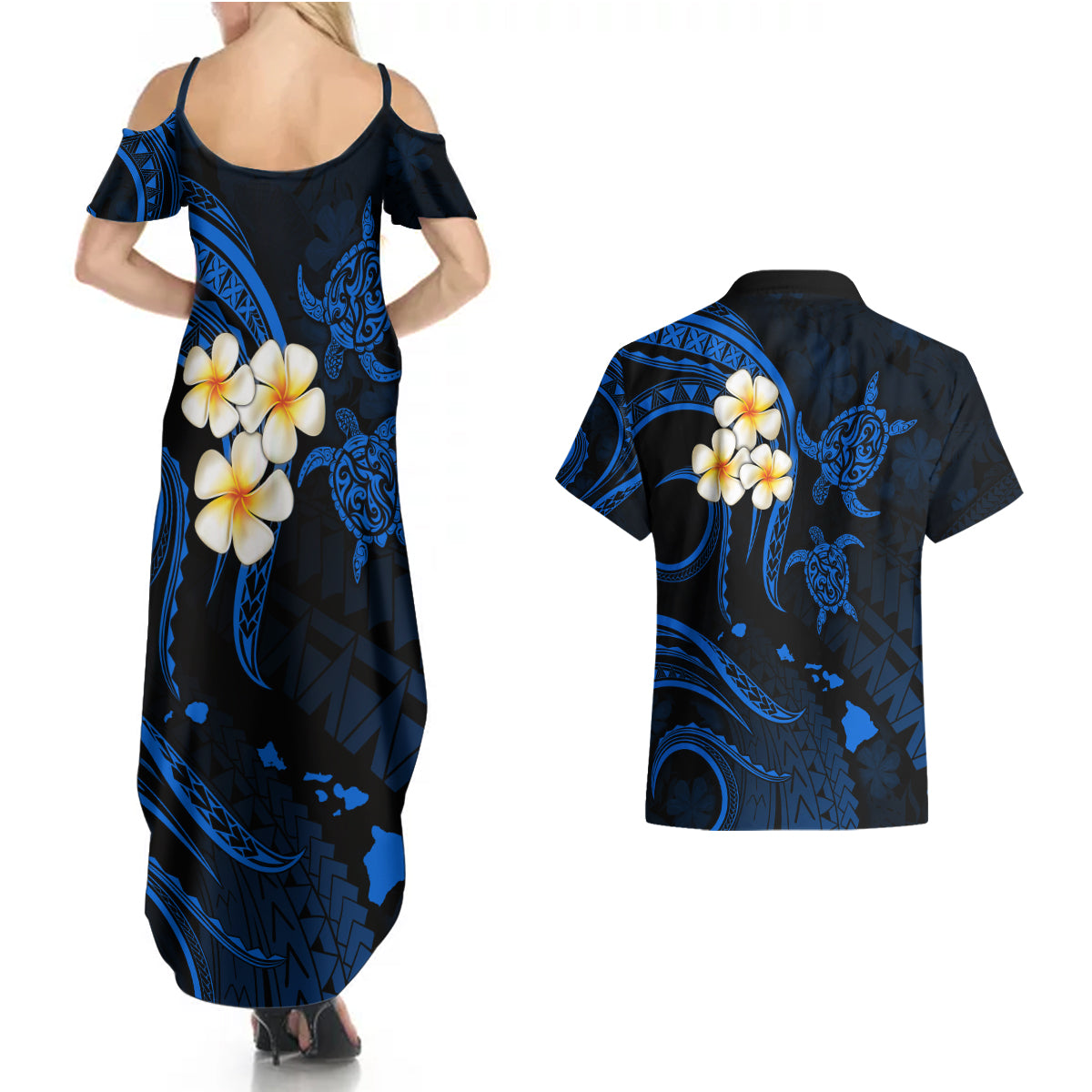 Hawaii Couples Summer Maxi Dress and Hawaiian Shirt Niihau Islands Polynesian Sunset Plumeria Blue Vibe LT9 - Polynesian Pride
