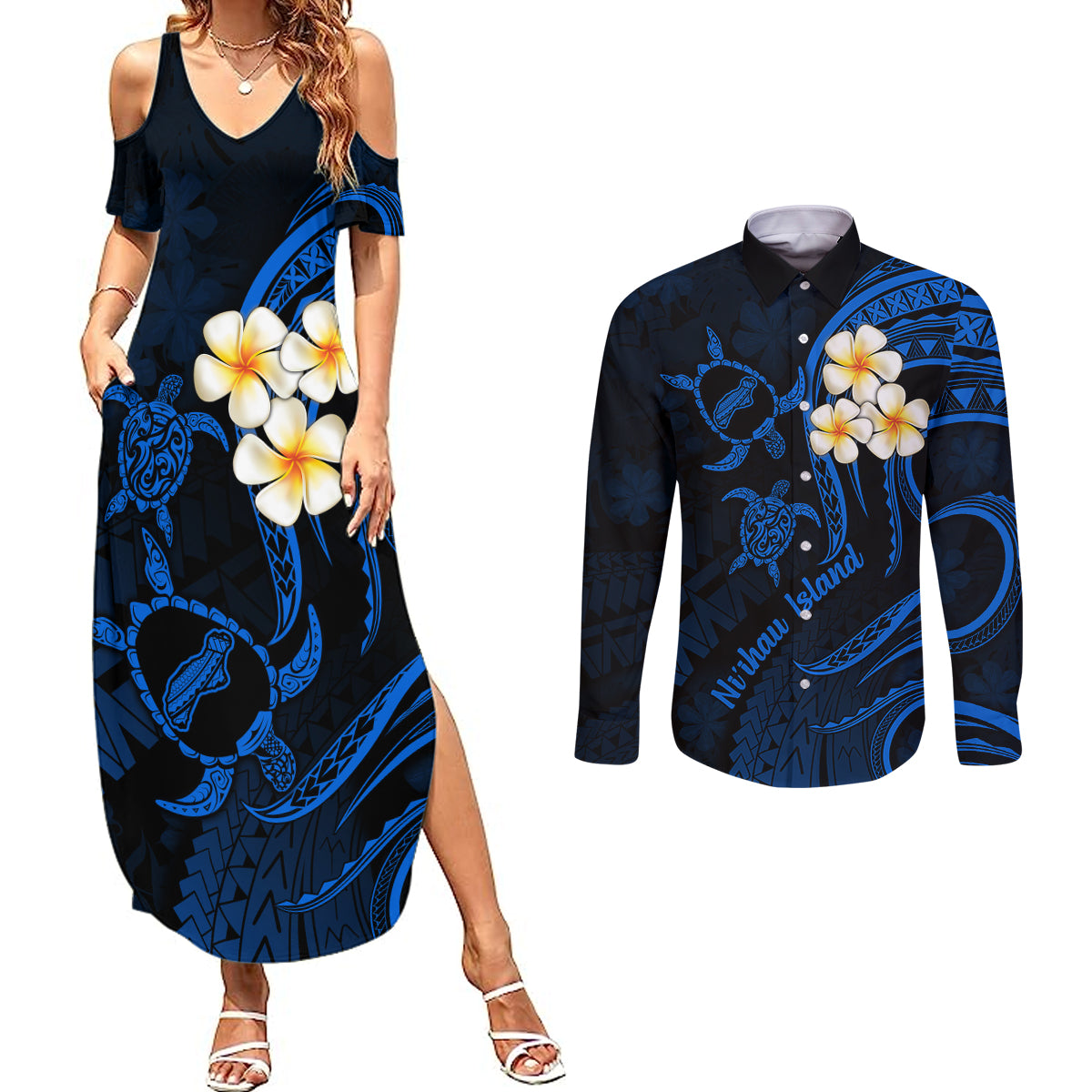Hawaii Couples Summer Maxi Dress and Long Sleeve Button Shirts Niihau Islands Polynesian Sunset Plumeria Blue Vibe LT9 Blue - Polynesian Pride