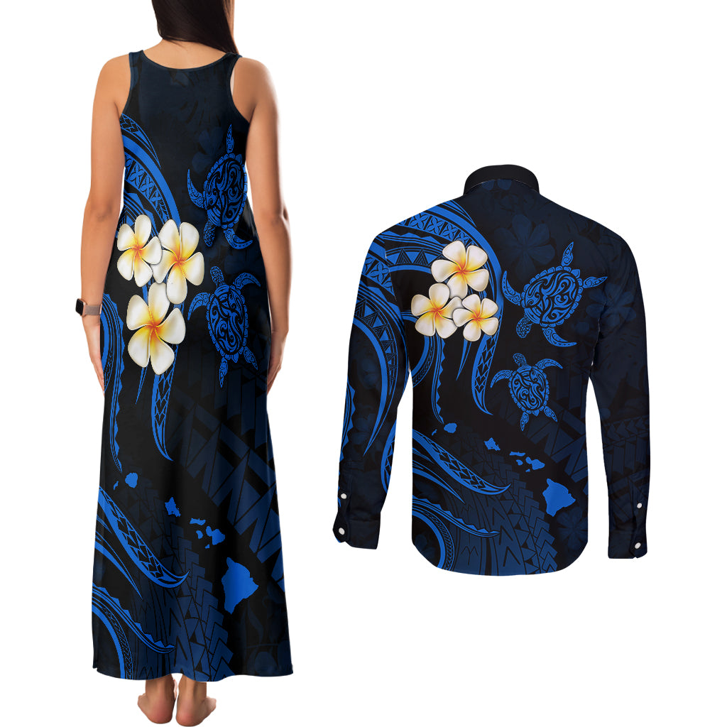 Hawaii Couples Matching Tank Maxi Dress and Long Sleeve Button Shirts Niihau Islands Polynesian Sunset Plumeria Blue Vibe LT9 - Polynesian Pride