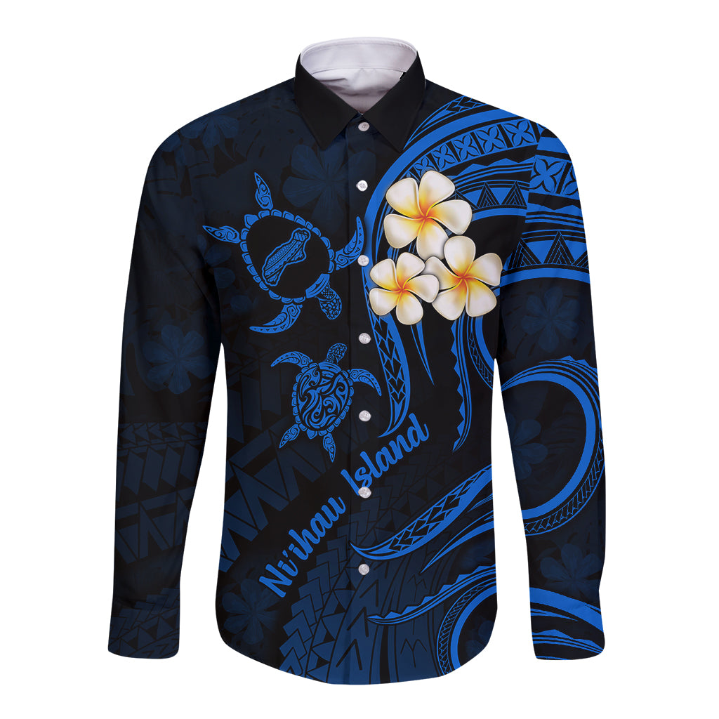 Hawaii Long Sleeve Button Shirt Niihau Islands Polynesian Sunset Plumeria Blue Vibe LT9 Unisex Blue - Polynesian Pride