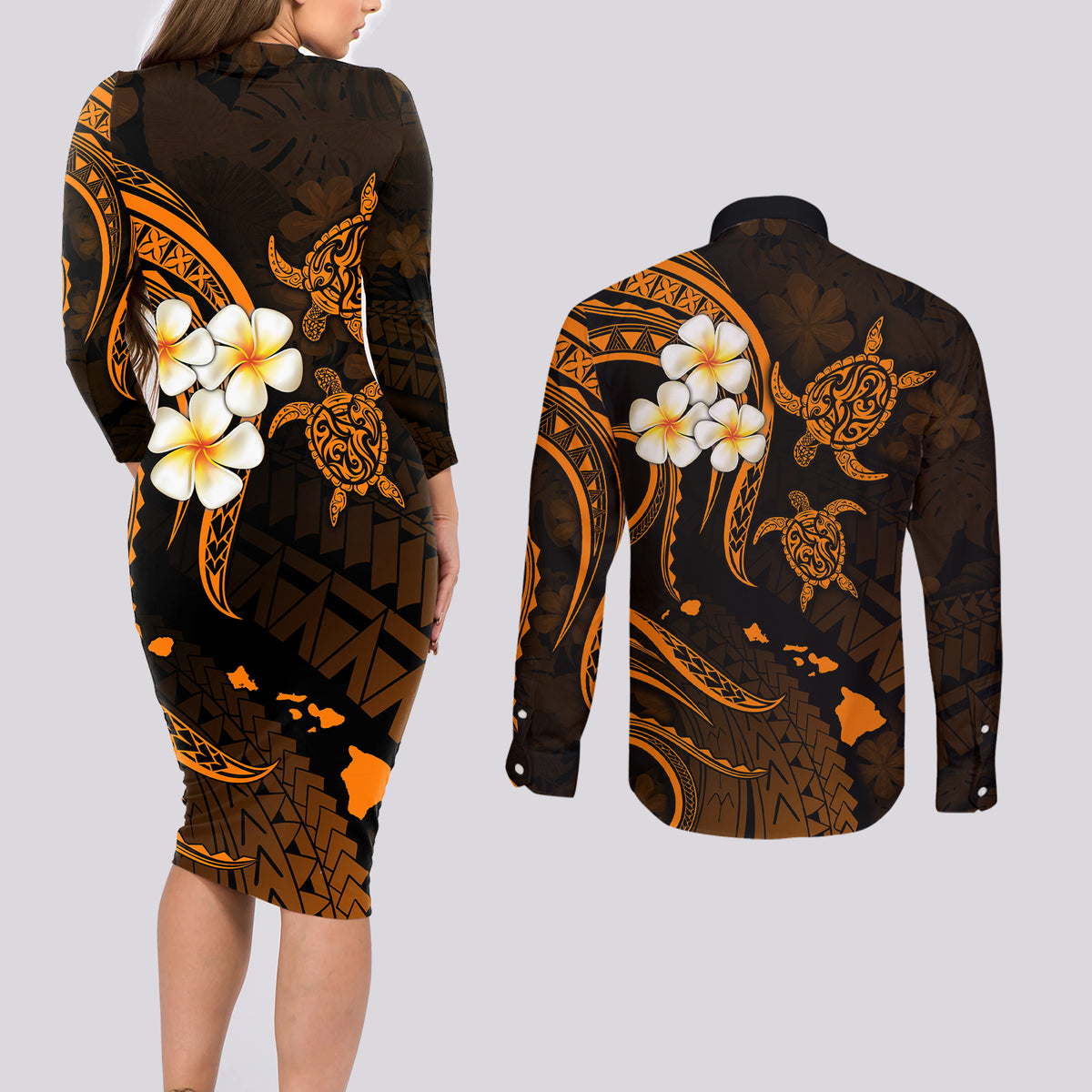 Hawaii Couples Long Sleeve Bodycon Dress and Long Sleeve Button Shirts Niihau Islands Polynesian Sunset Plumeria Gold Vibe LT9 - Polynesian Pride