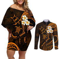 Hawaii Couples Off Shoulder Short Dress and Long Sleeve Button Shirts Niihau Islands Polynesian Sunset Plumeria Gold Vibe LT9 Gold - Polynesian Pride