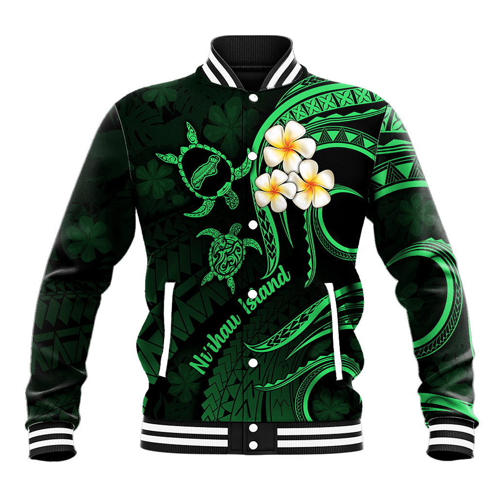 Hawaii Baseball Jacket Niihau Islands Polynesian Sunset Plumeria Green Vibe LT9 Unisex Green - Polynesian Pride