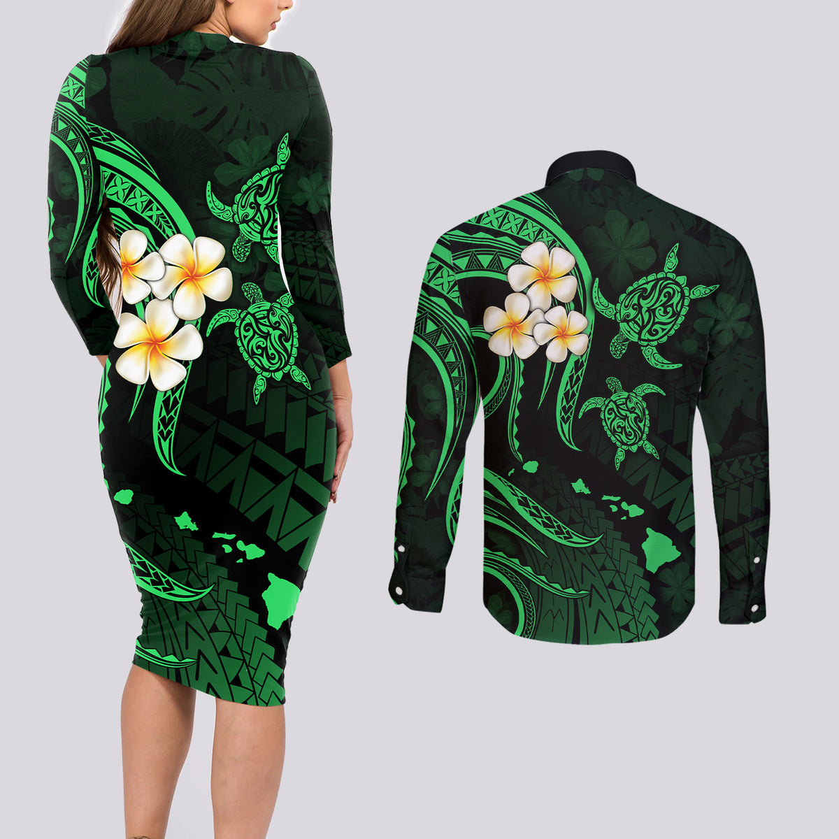 Hawaii Couples Long Sleeve Bodycon Dress and Long Sleeve Button Shirts Niihau Islands Polynesian Sunset Plumeria Green Vibe LT9 - Polynesian Pride