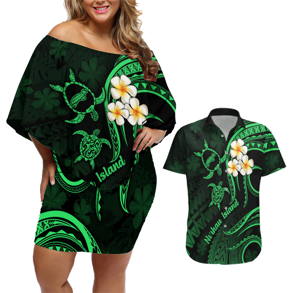 Hawaii Couples Off Shoulder Short Dress and Hawaiian Shirt Niihau Islands Polynesian Sunset Plumeria Green Vibe LT9 Green - Polynesian Pride
